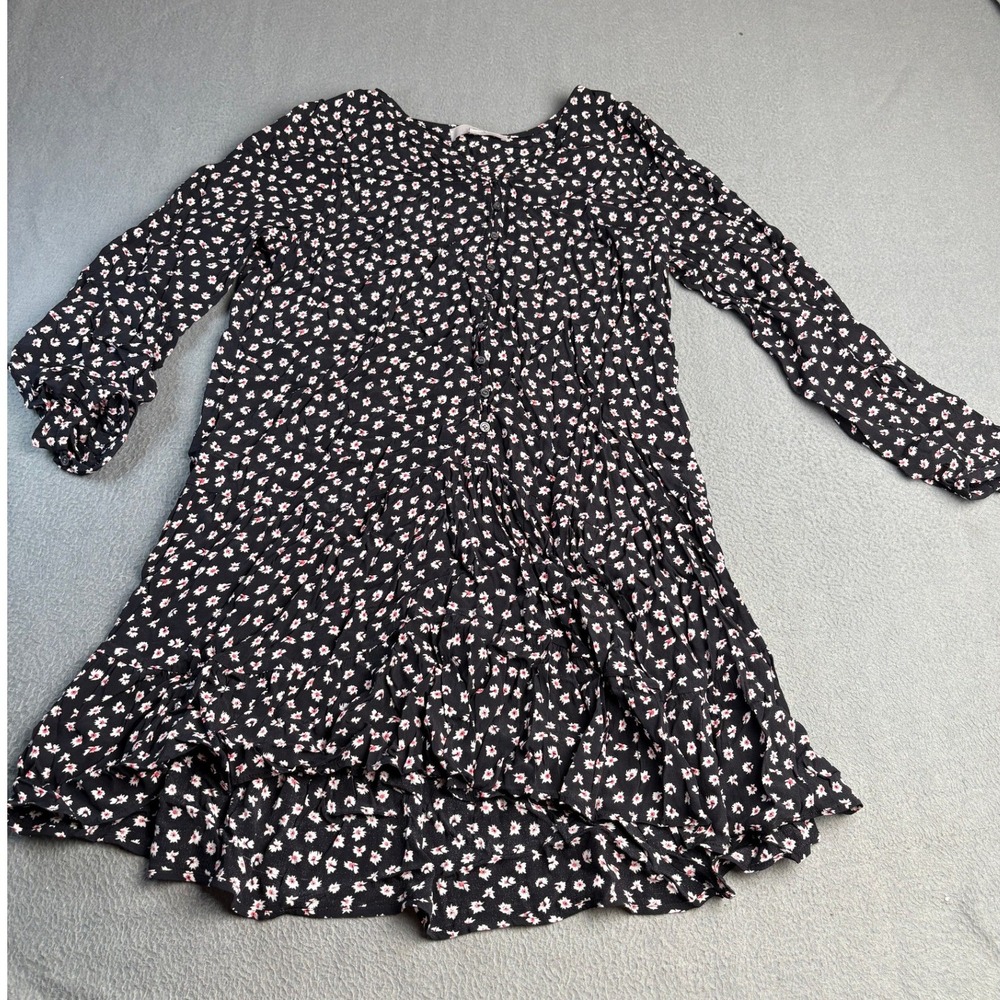Loft Black Floral Button Front Tiered Ruffle Mini Dress Long Sleeve Large